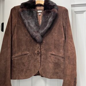 Suede Leather Jacket with Fur Collar . Removable Collar. Size 6
